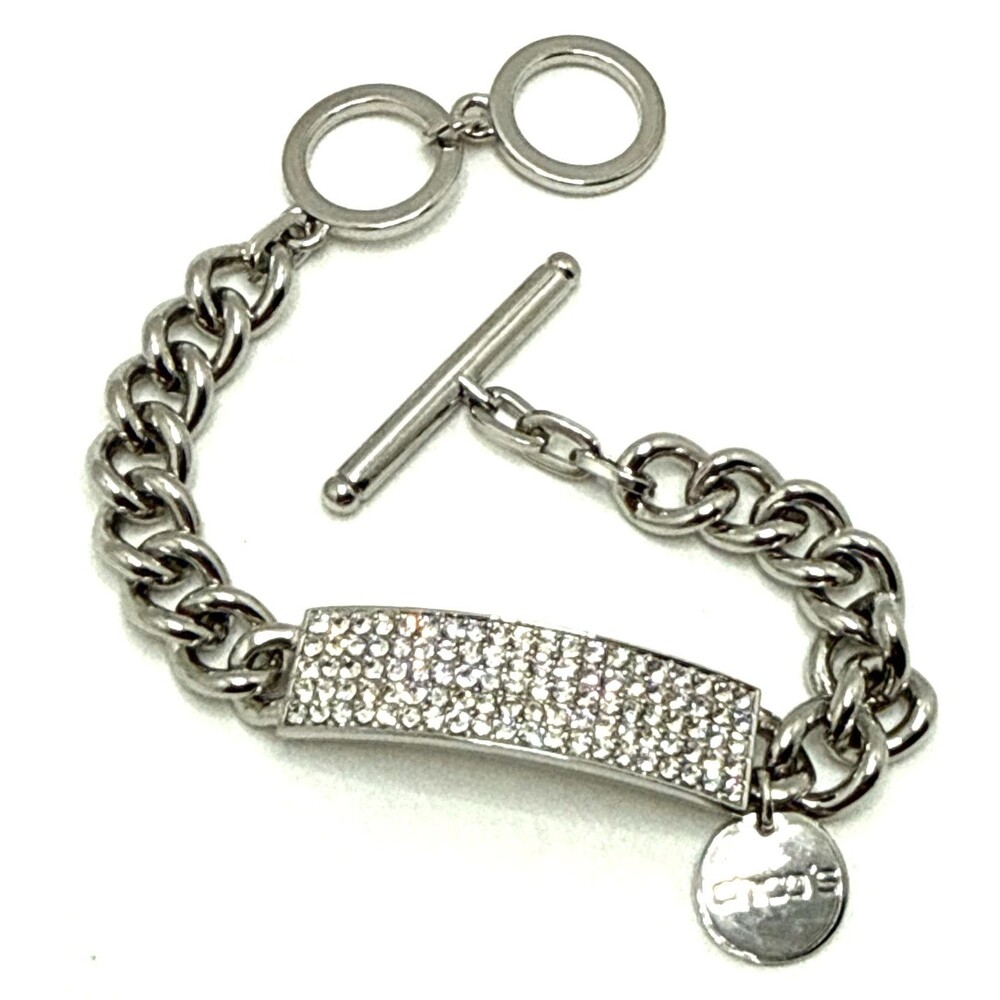 CHICO'S Pave Rhinestone Crystal ID Bracelet Silver Tone Statement 7.5”- 8.5"